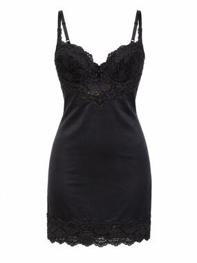 VTG 90s Victoria's Secret Slip Dress Black Lace Nylon Lingerie Gold‎ Label 36B